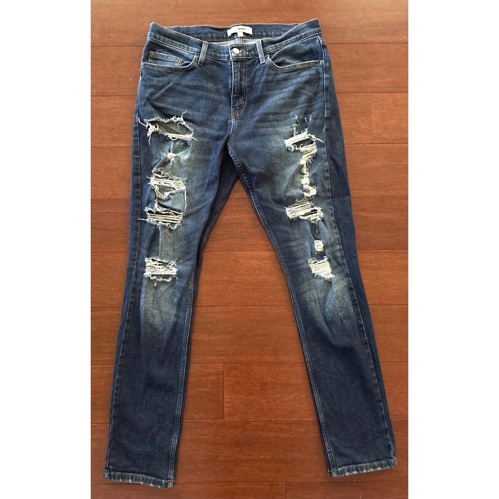 Fashion Nova Mens Jeans Distressed Ripped Straight Leg Dark Wash Blue Sz 34 x 32